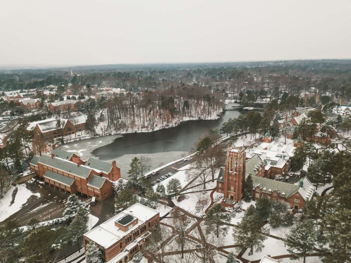 04 University of Richmond UofR - Virginia - Campus School - Lake Winter Snow - Aerial Nature Trail.JPG